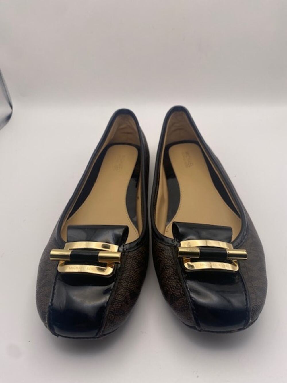 Michael Kors Fulton Womens 8.5M Brown MK Signature Ballet Flats Black Gold Logo